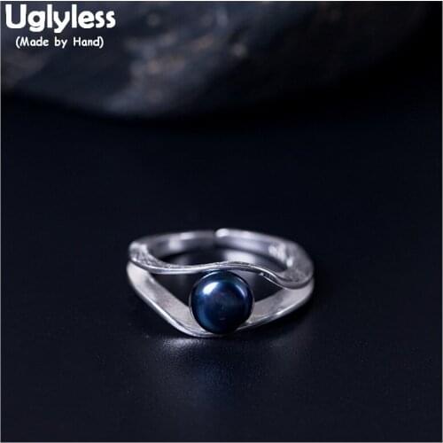 Uglyless 100% Real 925 Sterling Silver Irregular Designer Hollow Finger Rings for Women Black Pearls Open Rings Semiround Pearl