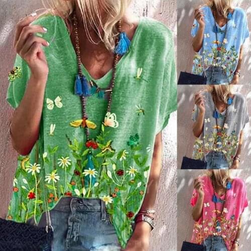 Women T-shirt V Neck Summer Butterfly Floral Print Short Sleeve Loose Blouse Top Summer T-Shirts Tops Tee Streetwear Vintage