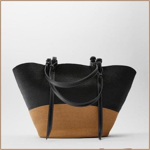 Womens Natural straw Beach Bag Summer Handwoven Bags knitted 2021 fashion patchwork