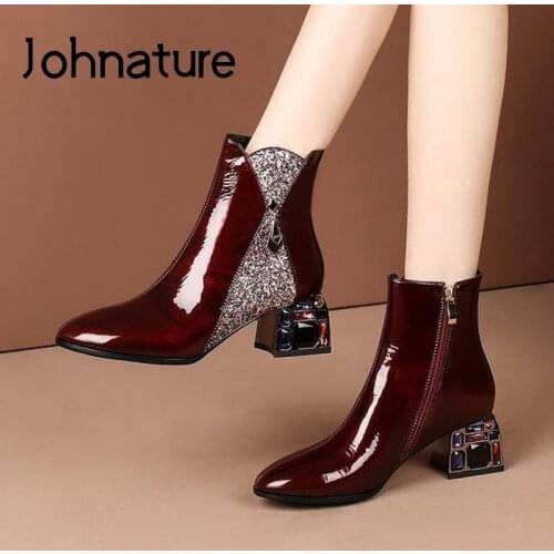 Johnature Winter Shoes Women Boots Zip Round Toe 2021 New Handmade Crystal Concise Bling Leisure Fashion Ankle Platform Boots