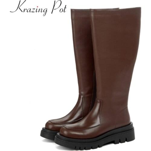 Krazing Pot cow leather med heels winter punk boots zip round toe women big size 43 keep warm ZA modern ins knee-high boots l37