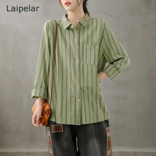 Womens Fashion Long Sleeve Casual Top Retro Cotton Striped Shirt Fall 2020 New Loose Shirt All-Match Top Cardigan