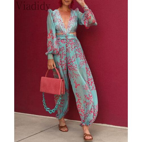 Women Elegant Deep V Neck Puff Sleeve Print Plunge Chiffon Jumpsuit