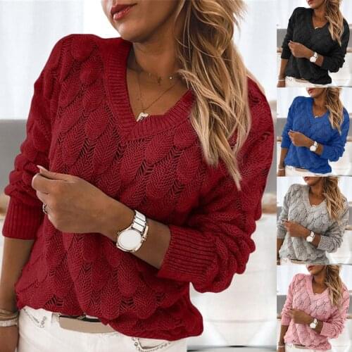 Women Knit Sweater Autumn Winter Hollow Out Feather Long Sleeve V Neck Pullover