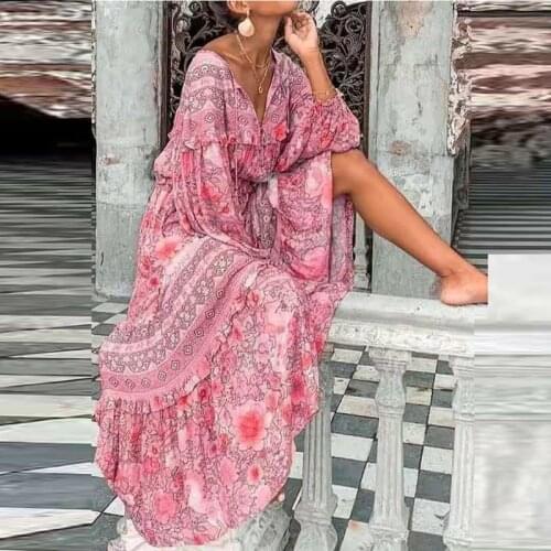 Boho Dress 2021 Spring Summer Floral Print Loose Long Party Dress Women Casual V-neck Lantern Sleeve Vintage Maxi Dress Vestidos