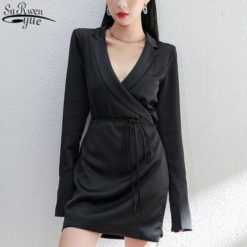 2021 New Long Sleeve Commute Summer Dress Women Suit Temperament Hip Dress Black V-neck Feminine Dress Vestido 13273