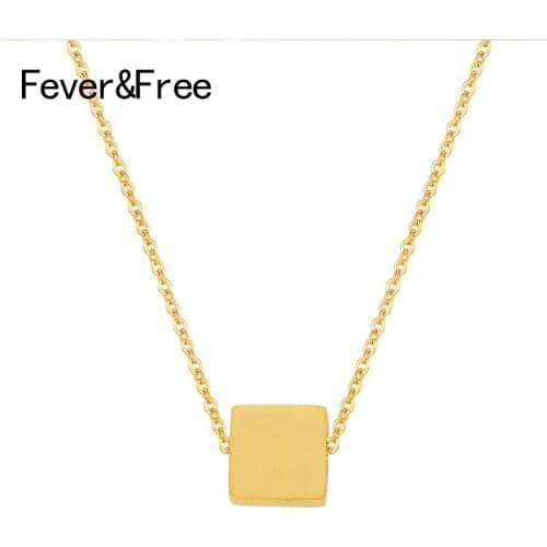 Fever&Free Luxury Brand Simple Wedding Stainless Steel Necklace Gold Square Dainty Pendant Necklaces For Women Bijoux Femme 2020