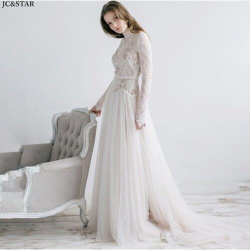Vestido novia boho new high neck long sleeve beach ivory lace long sleeve elegant wedding gowns for bride trailing bruidsjurk