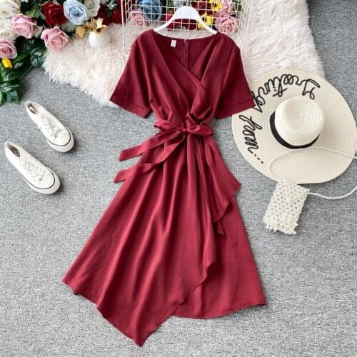 LISM 2020 New Slim Vintage V Neck Bandage Dress Summer Sashes A-line Party Dress Women Casual Irregular Bohemian Dresses Vestido