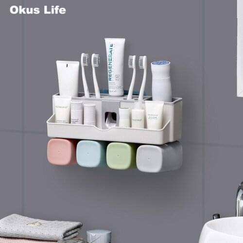 1 Set Tooth Brush Cup Holders Automatic Toothpaste Dispenser Toothbrush Shampoo Cosmetics Holder Wall Mount Stand Bathroom Shelf