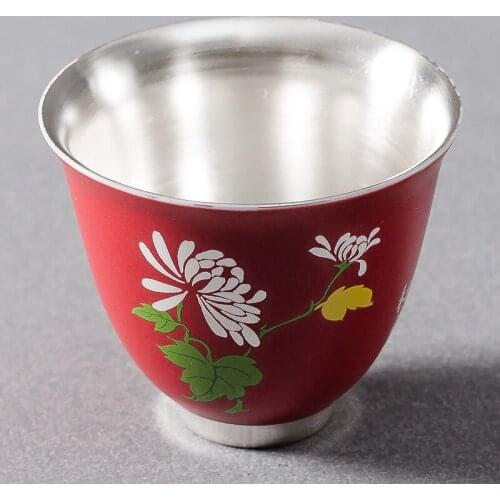 999 Sterling Silver Matte Red Plum Blossoms Orchids Bamboo Chrysanthemum Gilt Silver Tea Cup Ceramic Master Cup Kung Fu