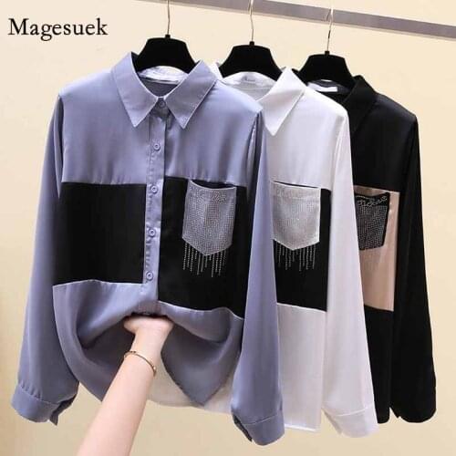 2020 Early Autumn New Splicing Blouses Ladies Fashion Pocket Tops Long Sleeves Lapel Chic Shirt Blusas Mujer De Moda 2020 11600
