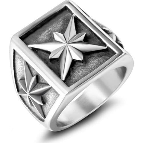 Big Star Pattern Square Large Wide Seal Rings 316L Titanium Steel Man Finger Ring Silvery Black Men Jewelry Fine Polished
