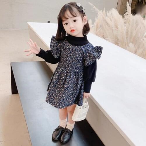 DFXD 2020 Autumn Toddler Girls Clothing Sets Puff Sleeve Pure Color T-shirt Top+Fly Sleeve Floral Vest Dress Two Piece Kids Sets
