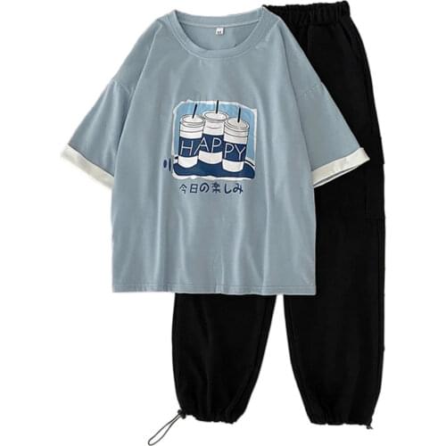 Two Piece Set Outfit Women summer short Sleeve letters Tops & Pants Comfort Lounge Wear casual loose t-shirts + cargo pants sets