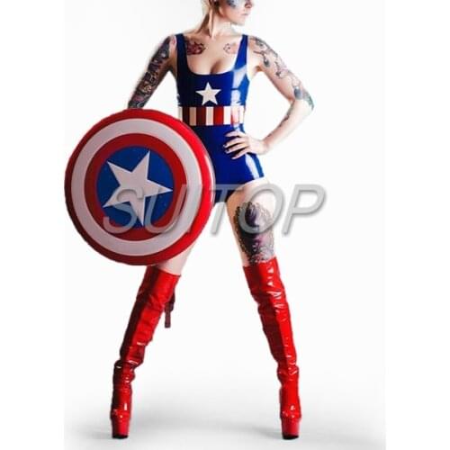 New Item 100% nature rubber suits latex teddies jumpsuit for female Hollyhood Captain America uniforms