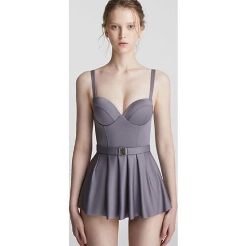 Solid Wrap Chest Padded Swimwear Monikini Sexy Push Up Beach Skirt Female Sport One Piece Bathing Suit with Belt