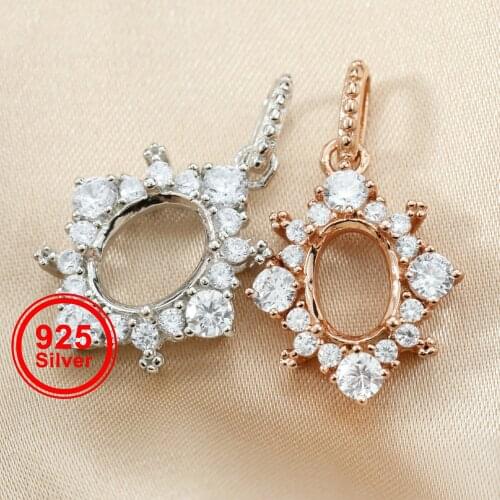 Oval Prong Pendant Settings Snow Flake Rose Gold Plated Solid 925 Sterling Silver Filigree Gemstone Charm Bezel Tray 1421132