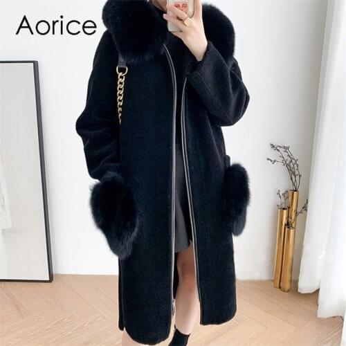 Aorice Women Real Wool Fur Coat Jacket With Fox Fur Collar Long Hooded Parka Trench CT079