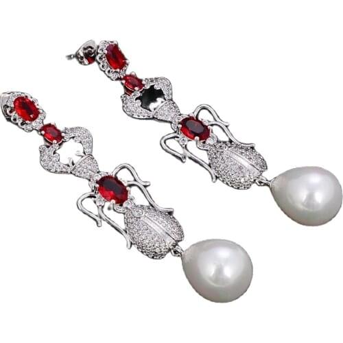 JK Natural Teardrop White Sea Shell Pearl Red Cz Pave Insect Earrings