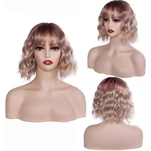 AMIR HAIR Lolita Short Bob Wig With Bangs Cosplay Water Wave Hair Wigs For Women Heat Resistant Curly Wigs