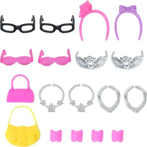 Random 24 Pcs Plastic Glasses Necklaces Bracelet Headwear Stud Earring Hangers Bags Accessories for Barbie Doll for Kelly Doll