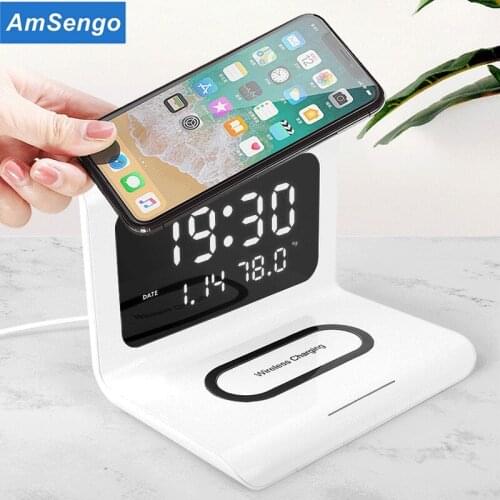 LED Electric Alarm Clock With Phone Wireless Charger For iphone XR X Desktop Digital Thermometer Clock HD Clock Mirror With Time