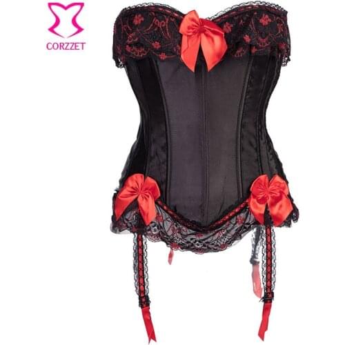 Victorian Lace Trim Black and Red Sexy Corset Bustier Tops Overbust Corpetes E Espartilhos Para Festa Corselet Gothic Clothing