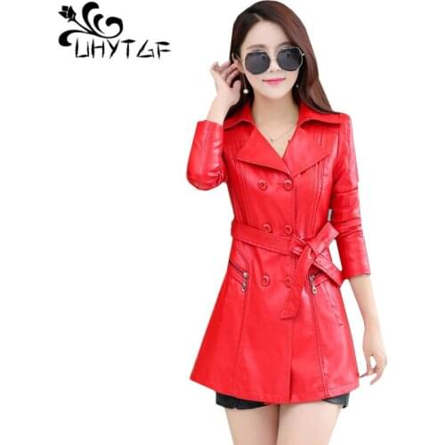 UHYTGF Autumn winter leather jacket womens double-breasted belt Slim quality leather jacket lapel casual 4XL plus size coats 924