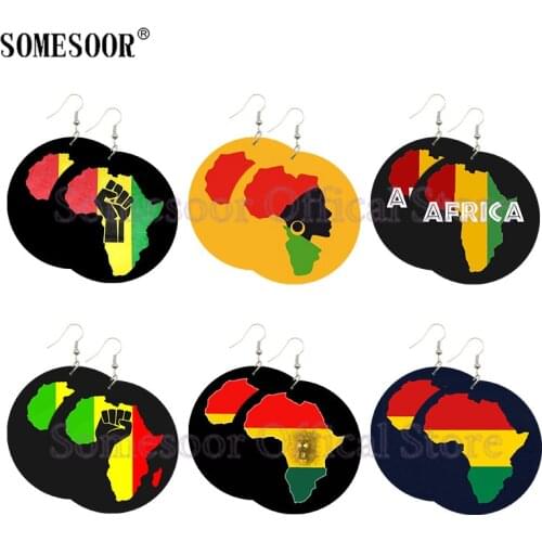 SOMESOOR Unite Africa Colors Map Wood Drop Earrings Powerful Fist Afro Ethnic Headwrap Woman design Jewelry For Blacks Gifts