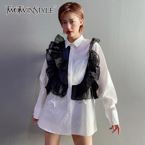 TWOTWINSTYLE Casual Patchwork Ruffle Mesh Shirt For Women Lapel Long Sleeve Hit Color Chic Blouse Female Fashion New Clothes