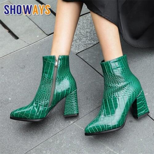 Quality Women Ankle Boots High Square Heels Red Black Crocodile Texture Winter Party Office Lady Pointed Toe Zipper Short Boots