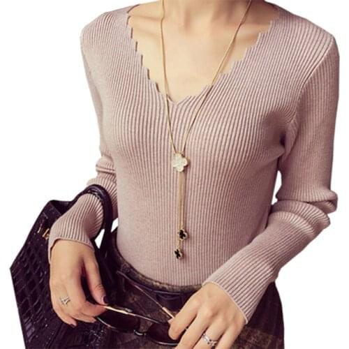 Autumn Winter New Sweater Women Korean Wild Slim Thin Elastic Pullover V-neck Female Jumper Bottoming Vestidos LXJ186