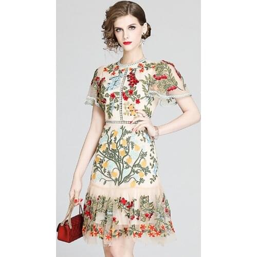 High Quality Luxury Flower Embroidery Dress Women O Neck Short Sleeve Slim Mesh Dress Summer Girl Sexy Party Midi Dress Vestidos
