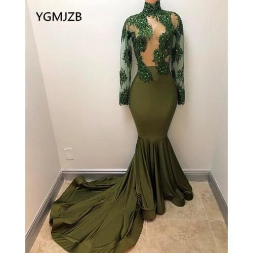 Long Sleeve Mermaid Evening Dress 2018 High Neck Crystal Green Sexy Arabic Dubai Woman Formal Party Gown Prom Dress Abendkleider