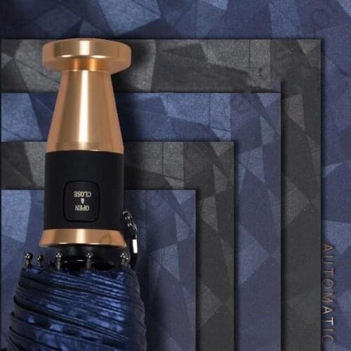 105cm dia 10k three fold auto open&auto close golden car umbrella anti-thunder windproof fiberglass diamond check parasol