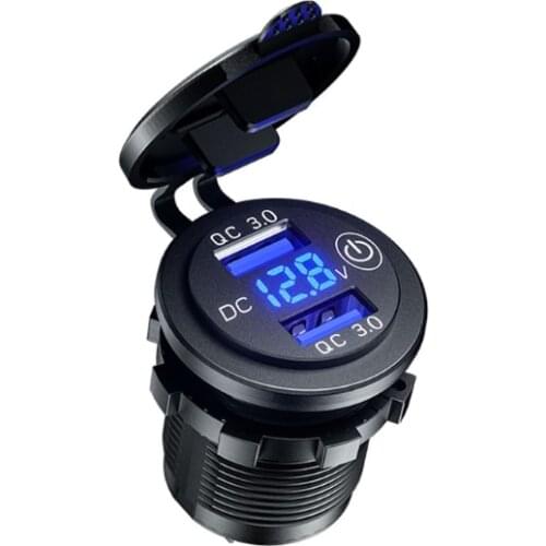 12V 24V Dual QC3.0 USB Car Charger Socket with Touch Switch LED Voltmeter Waterproof Power Adapter for Truck SUV Marine