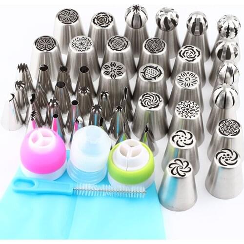 50Pcs/Set Ball Shape PastryNozzles Icing Piping Stainless Steel Russian Tips1Pcs Pastry Bag Cake Decorating 3 Coupler 1 Brush