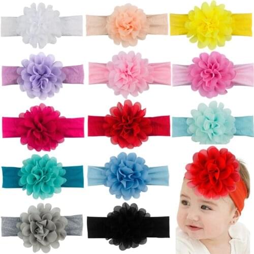 14Pcs Baby Girls Elastic Cotton Headbands with Chiffon Flowers Handmade Hair Bows for Newborn Infant Photography Accessories