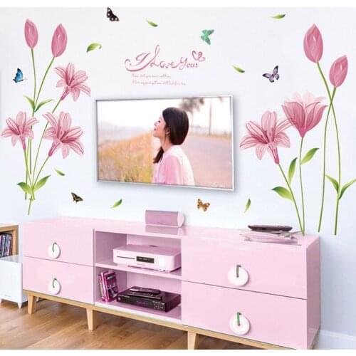 Watercolor pink lily wall sticker PVC Material DIY wall decals For Living room TV sofa background wall bedroom decor sticker