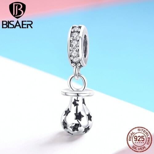 BISAER 925 Sterling Silver Charms Baby Pacifier Love Nipple Beads fit Child Bracelets DIY Silver 925 Jewelry Making Gift ECC891