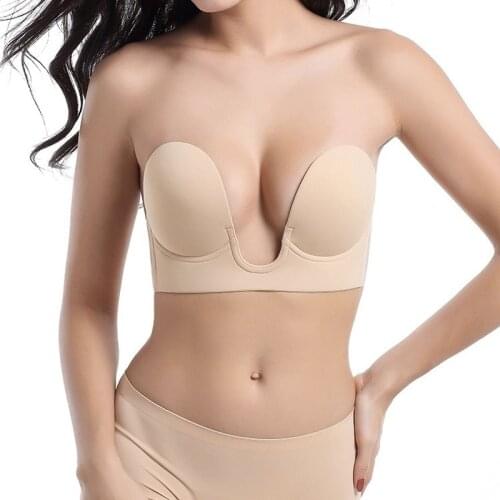 Strapless Invisible Push Up Bra Dress Wedding Party Sticky Self-adhesive Silicone Brassiere Breathable Deep U Bra Skin Underwear