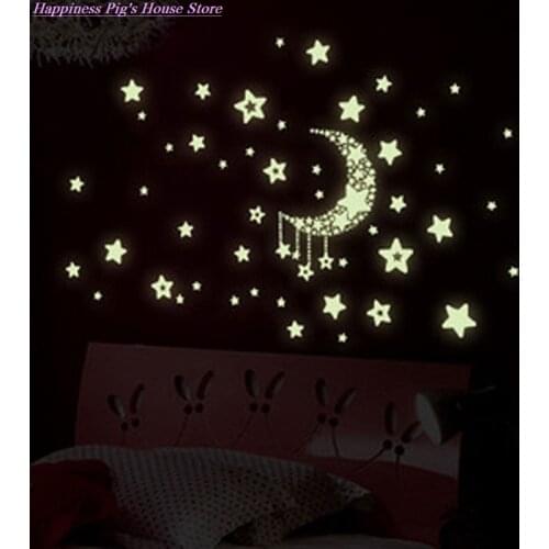 Kids Bedroom Fluorescent Glow In The Dark Stars Wall Stickers Luminous Luminous Stickers Moon Stars Wallpaper