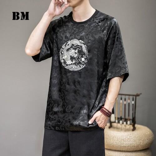 Summer Chinese Style T-Shirt Retro Tang Suit Dragon Embroidery Jacquard Loose Short Sleeves Men Clothing Harajuku Tops Male