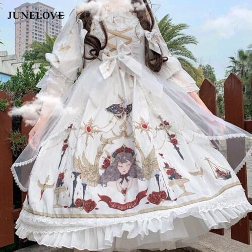 JuneLove Japanese Dress Women Bow Long-sleeved Lolita Dress Women Soft Girl Kawaii Printed Anime Role-playing Elegant Dress