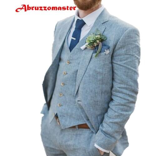 Abruzzomaster Custom Made Man Suit Groom Tuxedos Linen Groomsman Suit 3 Pieces Summer Suits Blue Beach Suits for Wedding clothes