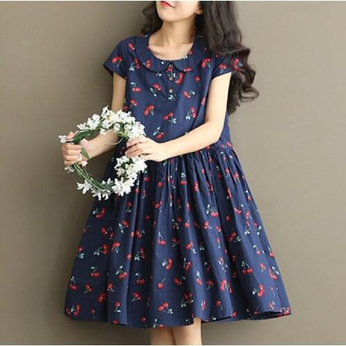 Japanese Mori Girl Summer Women Kawaii Dress Preppy Style Elegant Dresses Peter Pan Collar Cherry Pattern White Blue Cute Dress