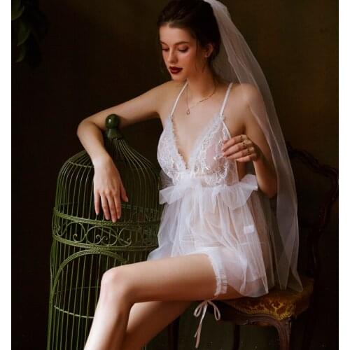Sexy Night Dress Bride Women SleepWear Mesh Ruffles Princess See Through Deep V Three Pieces Backless Sexy Young Girl Nightgowns