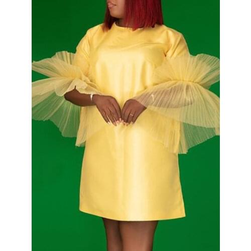 Africa Women Cute Dress Yellow Plus Size Tulle Sleeve Patchwork Loose Party Birthday Outfits Generous Style 2021 Summer New 2XL