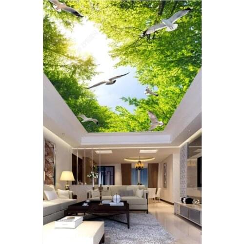 Custom photo wallpaper 3d ceiling wallpaper Beautiful blue sky, white clouds, green leaves, ceiling zenith mural for living room